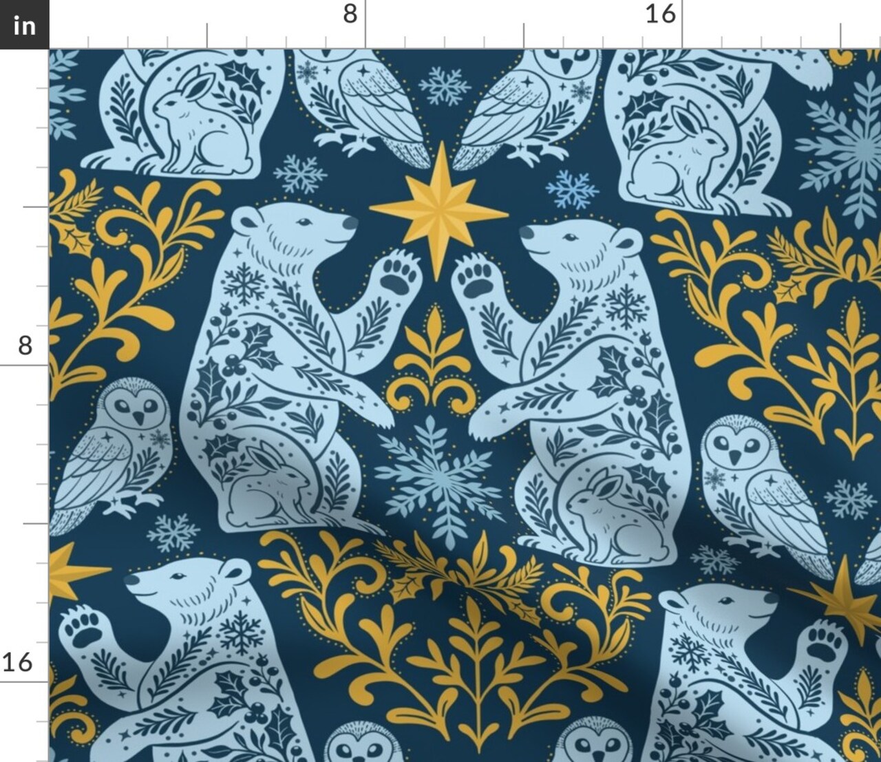 Damask Polar Bear Monochromatic Scandinavian Festive Frozen Celestial Star Owl Folk Art Scandi Custom Printed Fabric by Spoonflower Various Fabrics by the Yard or Fat Quarter